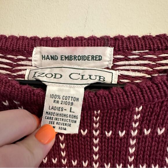Vintage Izod Club Maroon Floral Embroidered Cotton Sweater Large - Picture 12 of 13